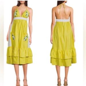 NEW Fanm Mon Yamile Floral Embroidered Halter Tie Neck Buttercup Midi Dress